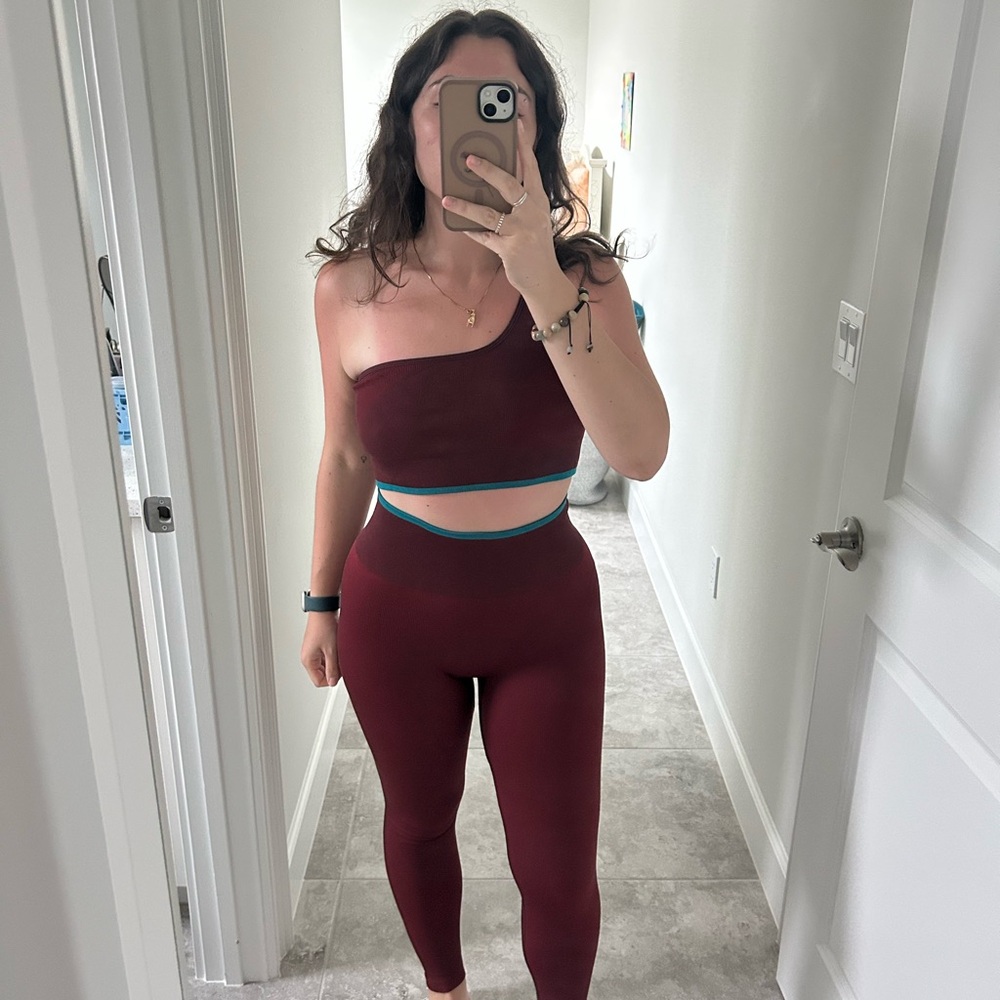 Outdoor Voices Maroon and Teal Sports Bra + Leggings